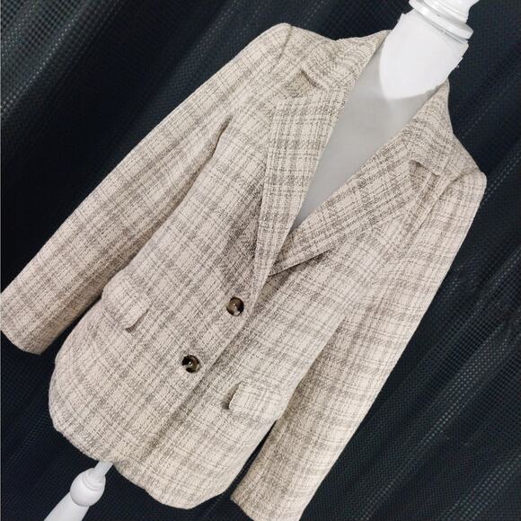 BOHME! GORGEOUS CREAM, TAN, BLACK PLAID NUBBY WEAVE JACKET, BLAZER! SZ S - Picture 1 of 12